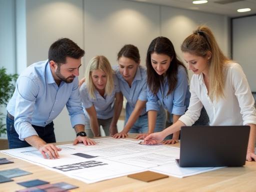 Gulf Modern Kitchens team discussing design plans in their office